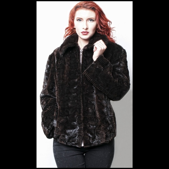 Brown Sculpted Laser Cut Sheared Mink Fur Jacket